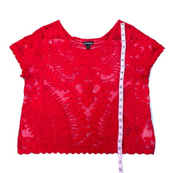 Express Embroidered Floral Sheer Lace Short Sleeve Top Red Size XS - Picture 9 of 9